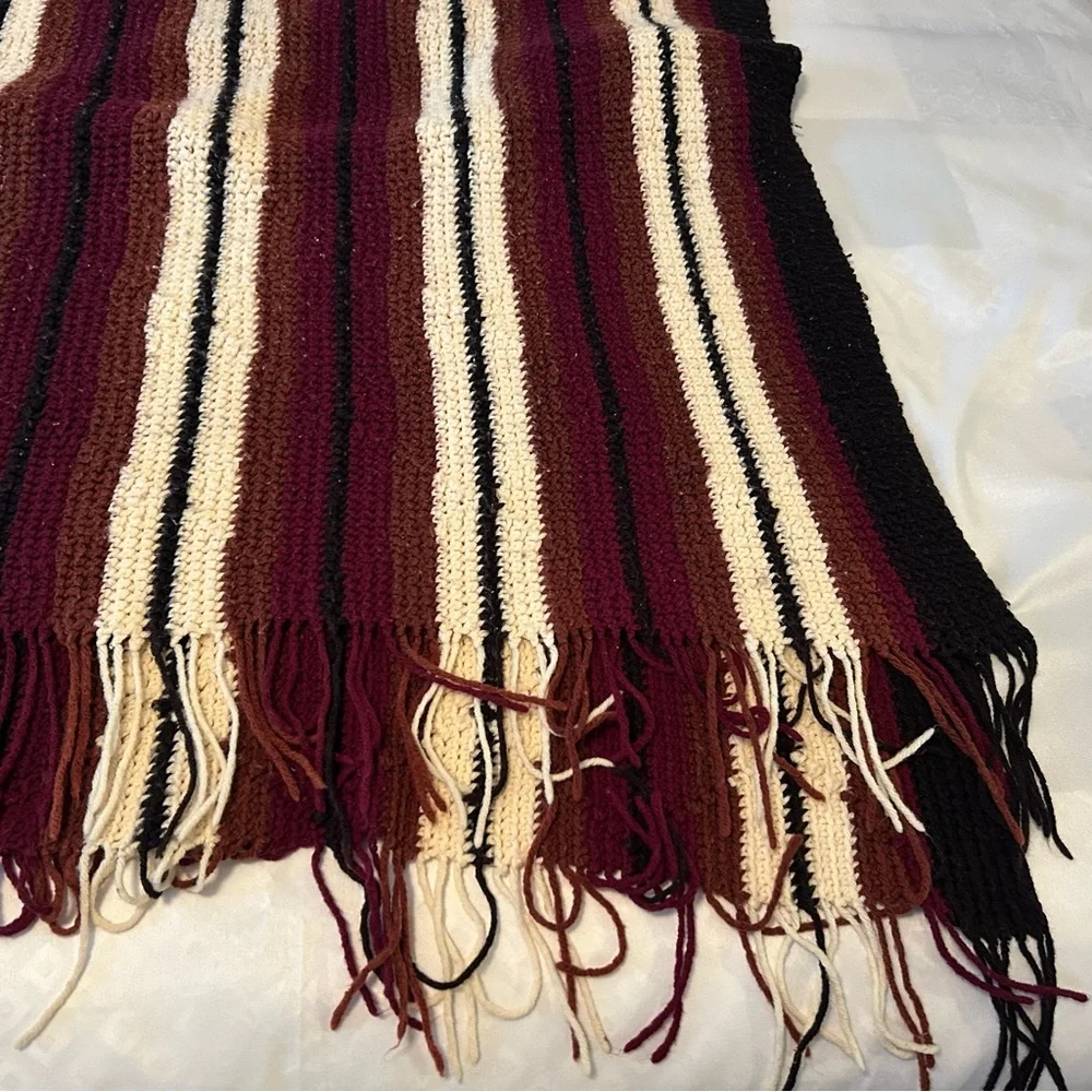 Vintage Crochet Brown Cream Stripe Handmade Blanket Throw Afghan with fringe